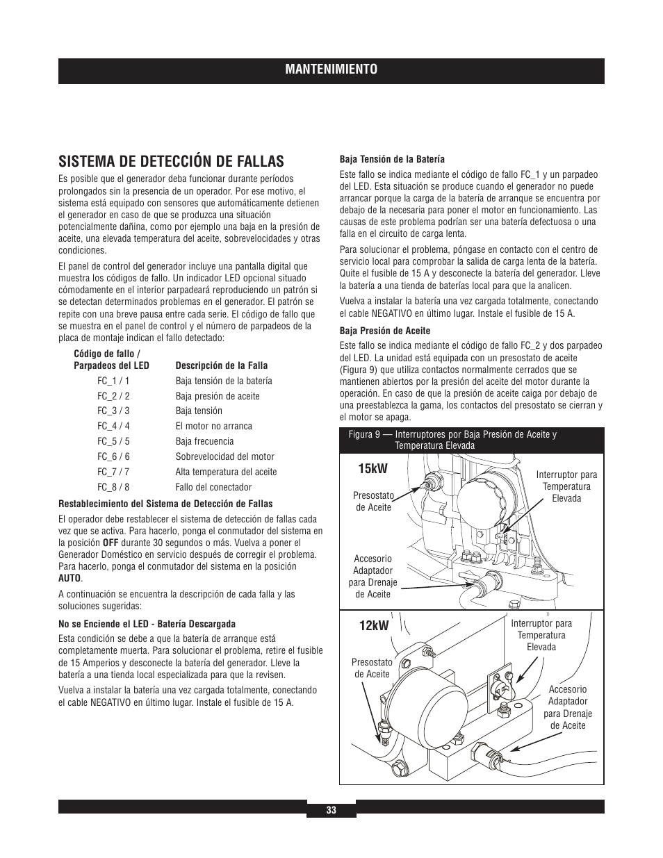 Sistema de detección de fallas, Mantenimiento, 15kw 12kw | Briggs & Stratton 040204  EU User Manual | Page 33 / 56