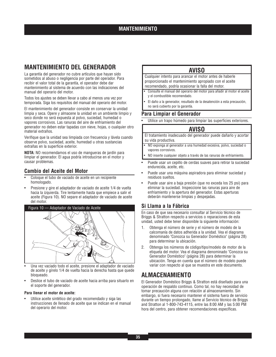 Mantenimiento del generador, Almacenamiento, Aviso | Briggs & Stratton 040204  EU User Manual | Page 35 / 56