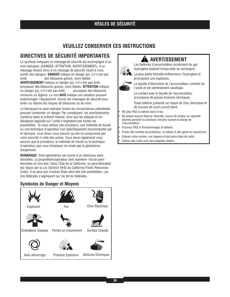 Directives de sécurité importantes, Veuillez conserver ces instructions, Avertissement | Règles de sécurité, Symboles de danger et moyens | Briggs & Stratton 040204  EU User Manual | Page 39 / 56