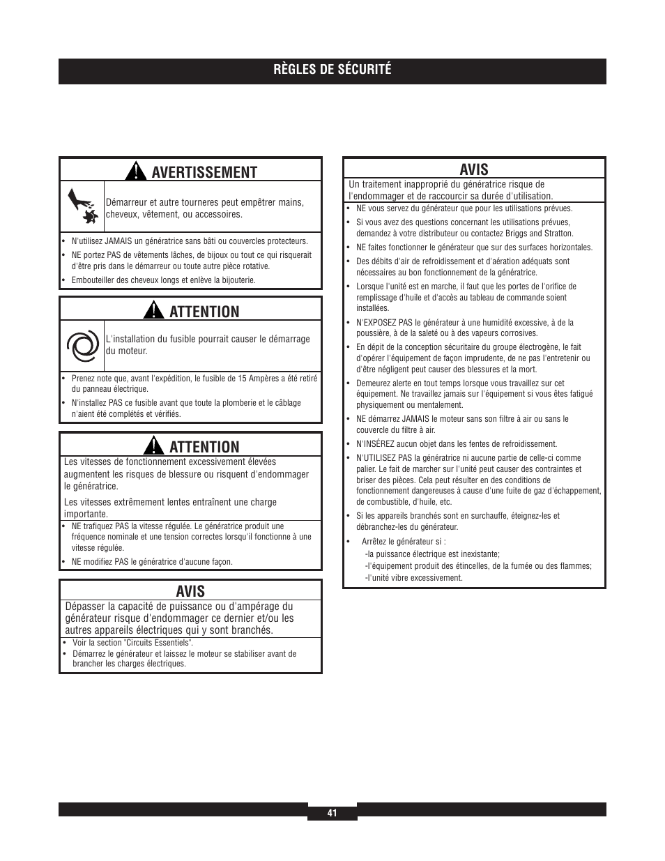 Avertissement, Attention, Avis | Règles de sécurité | Briggs & Stratton 040204  EU User Manual | Page 41 / 56