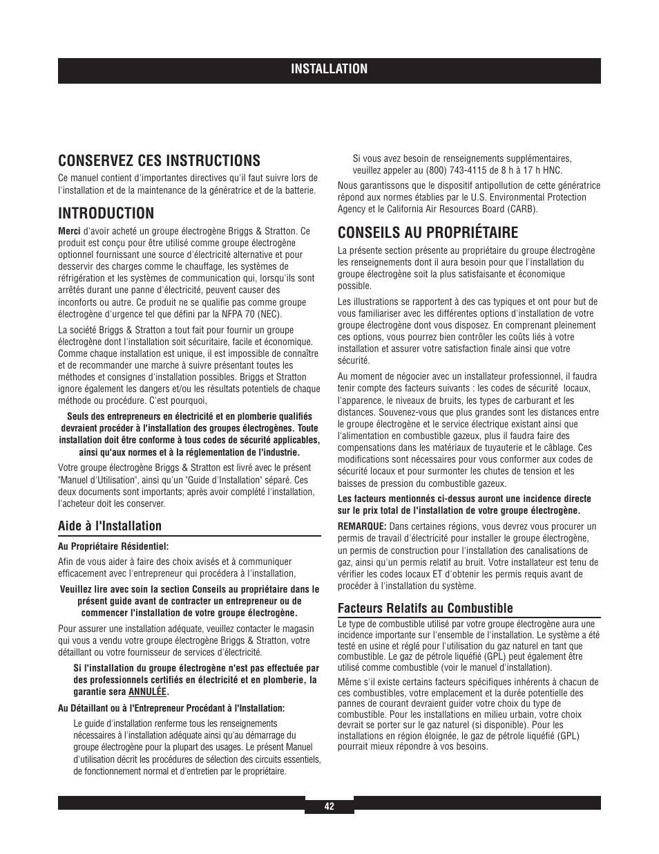 Conservez ces instructions, Introduction, Conseils au propriétaire | Briggs & Stratton 040204  EU User Manual | Page 42 / 56