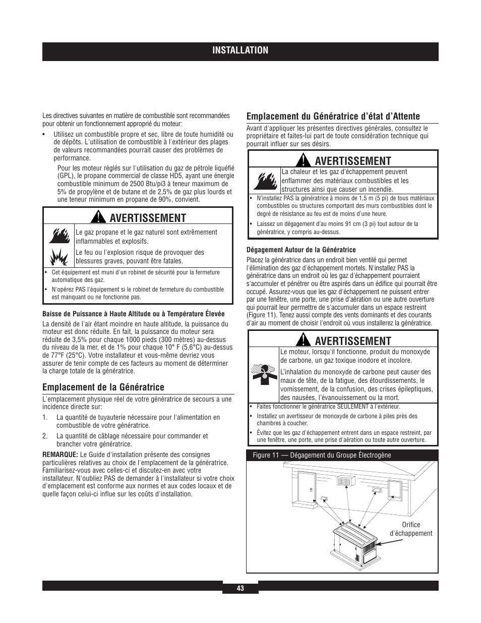 Avertissement, Installation, Emplacement de la génératrice | Emplacement du génératrice d’état d’attente | Briggs & Stratton 040204  EU User Manual | Page 43 / 56