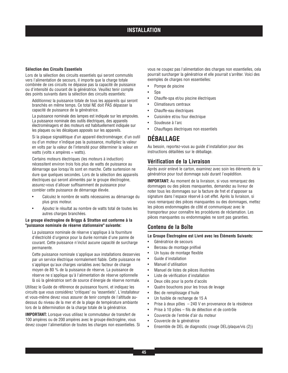 Déballage, Installation, Vérification de la livraison | Contenu de la boîte | Briggs & Stratton 040204  EU User Manual | Page 45 / 56