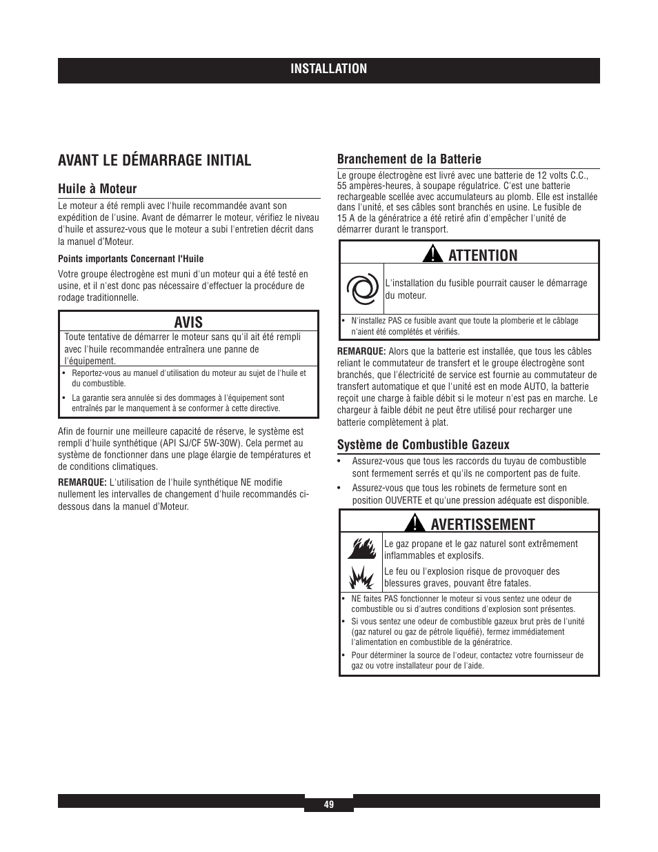 Avant le démarrage initial, Avis, Attention | Avertissement | Briggs & Stratton 040204  EU User Manual | Page 49 / 56