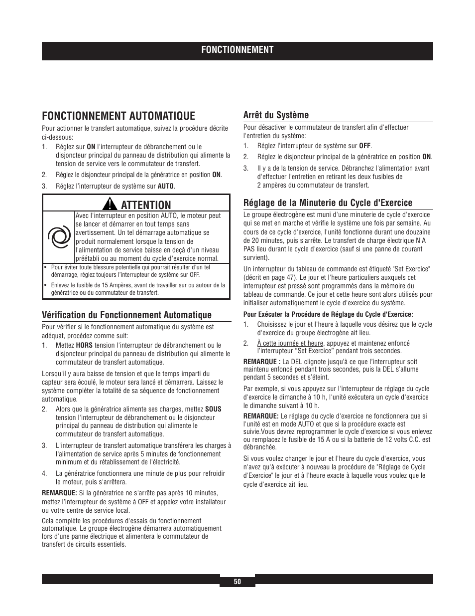 Fonctionnement automatique, Attention, Fonctionnement | Vérification du fonctionnement automatique, Arrêt du système, Réglage de la minuterie du cycle d'exercice | Briggs & Stratton 040204  EU User Manual | Page 50 / 56