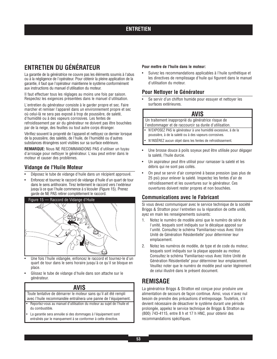 Entretien du générateur, Remisage, Avis | Briggs & Stratton 040204  EU User Manual | Page 53 / 56