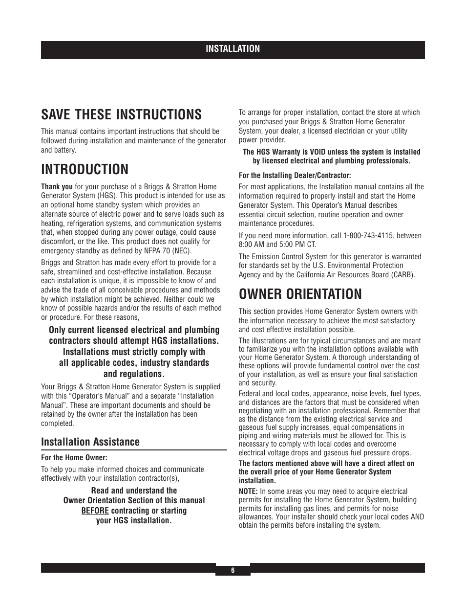 Save these instructions, Introduction, Owner orientation | Installation assistance | Briggs & Stratton 040204  EU User Manual | Page 6 / 56