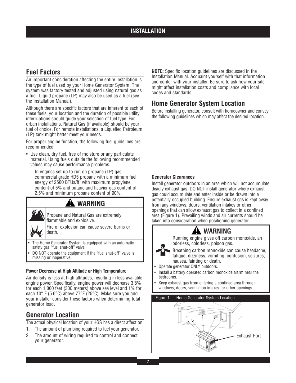 Fuel factors, Generator location, Home generator system location | Warning | Briggs & Stratton 040204  EU User Manual | Page 7 / 56