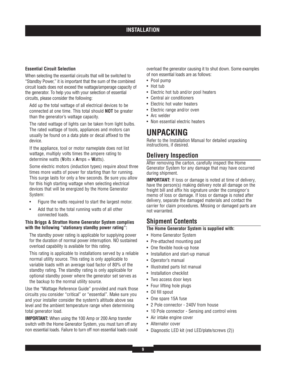 Unpacking, Delivery inspection, Shipment contents | Briggs & Stratton 040204  EU User Manual | Page 9 / 56