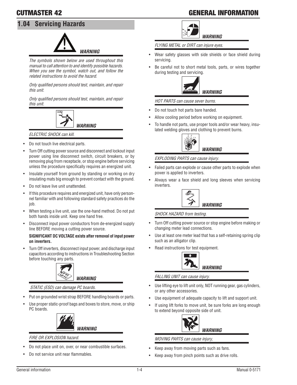 04 servicing hazards, Cutmaster 42 general information | Tweco 42 CutMaster Service Manual User Manual | Page 10 / 78