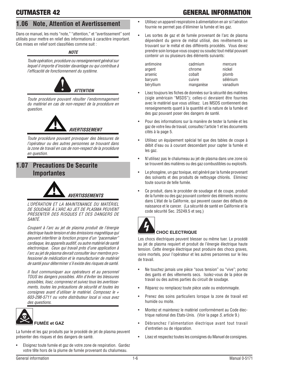 06 note, attention et avertissement, 07 precautions de securite importantes, Cutmaster 42 general information | Tweco 42 CutMaster Service Manual User Manual | Page 12 / 78
