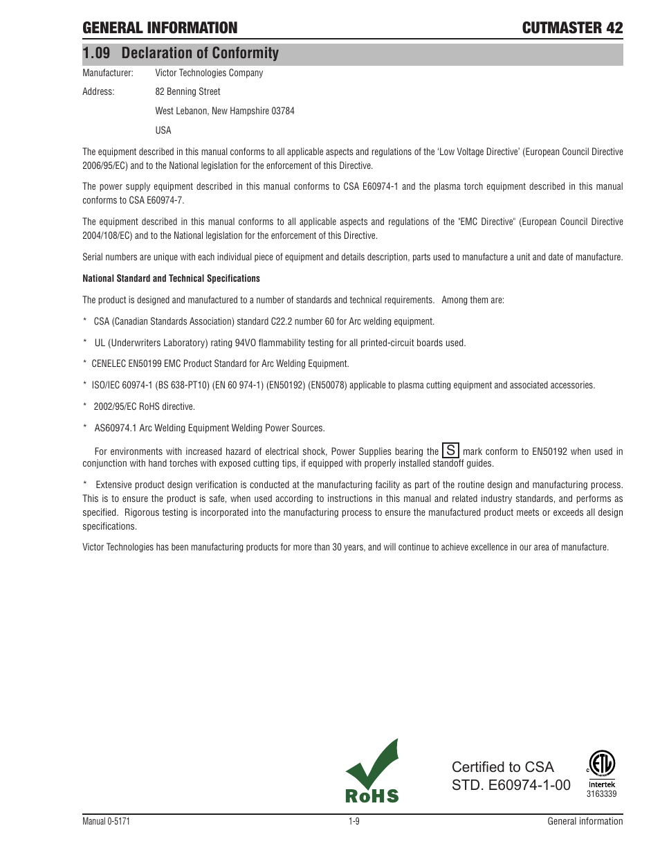 General information, Cutmaster 42, 09 declaration of conformity | Tweco 42 CutMaster Service Manual User Manual | Page 15 / 78