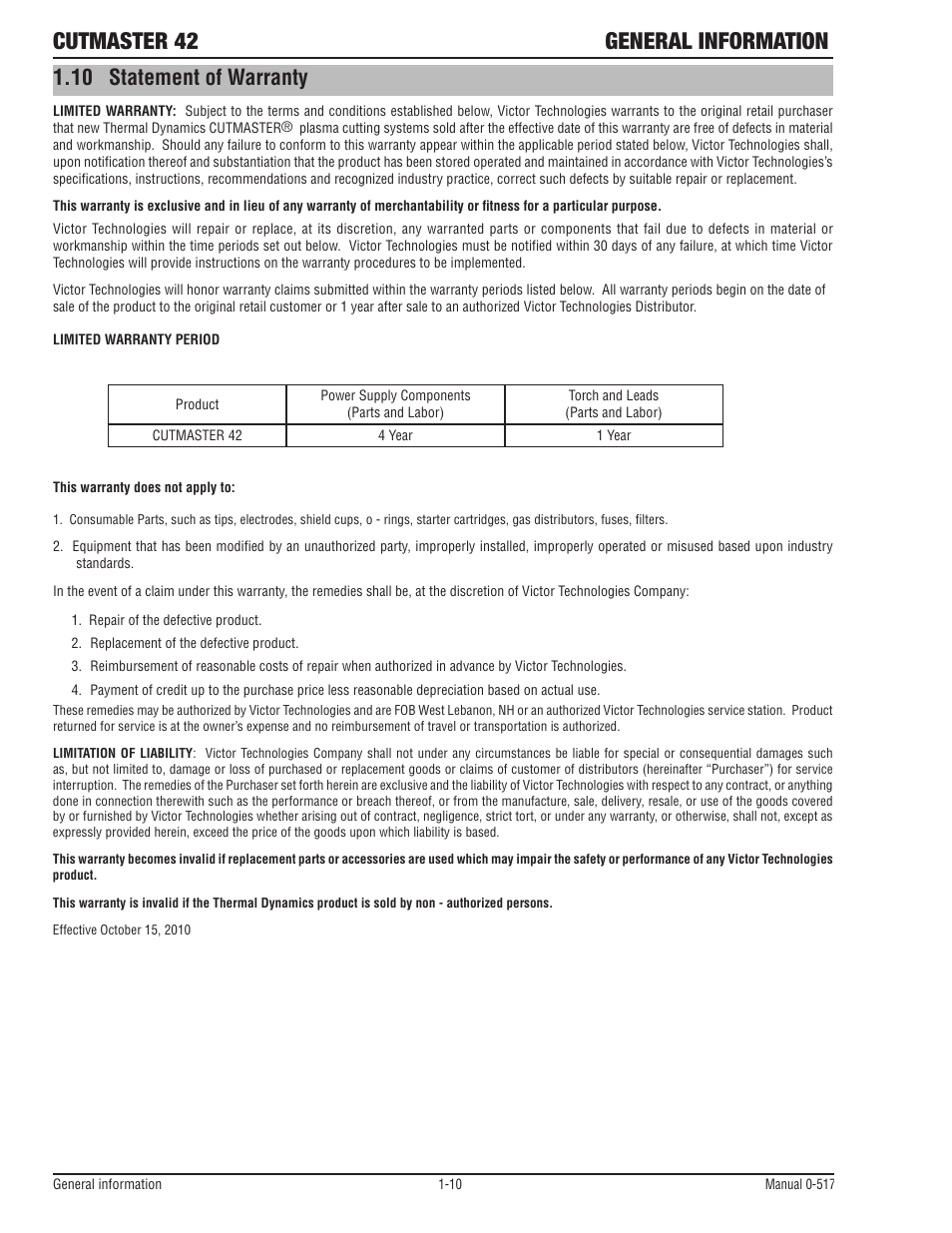 10 statement of warranty, Cutmaster 42 general information | Tweco 42 CutMaster Service Manual User Manual | Page 16 / 78