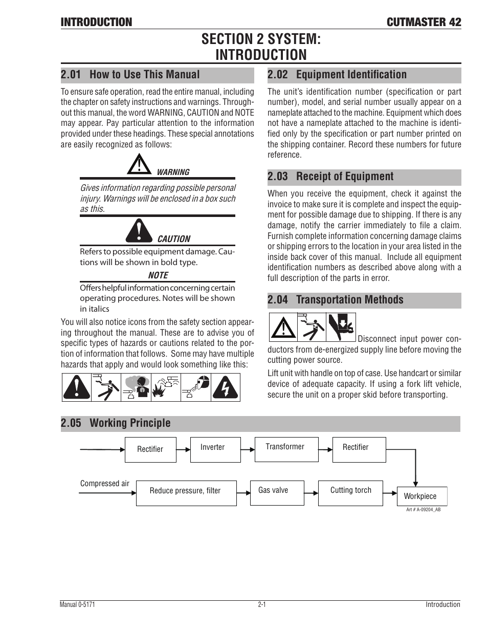 Section 2 system: introduction, 01 how to use this manual, 02 equipment identification | 03 receipt of equipment, 04 transportation methods, 05 working principle, Introduction, Cutmaster 42 | Tweco 42 CutMaster Service Manual User Manual | Page 17 / 78