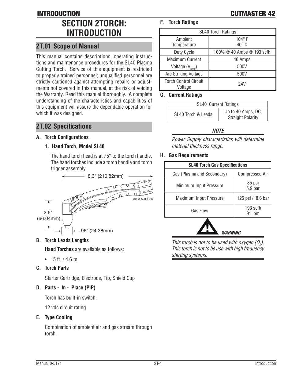 Section 2torch: introduction, 2t.01 scope of manual, 2t.02 specifications | Introduction cutmaster 42 | Tweco 42 CutMaster Service Manual User Manual | Page 19 / 78