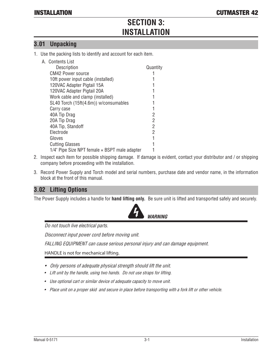 Section 3: installation, 01 unpacking, 02 lifting options | Installation cutmaster 42 | Tweco 42 CutMaster Service Manual User Manual | Page 21 / 78