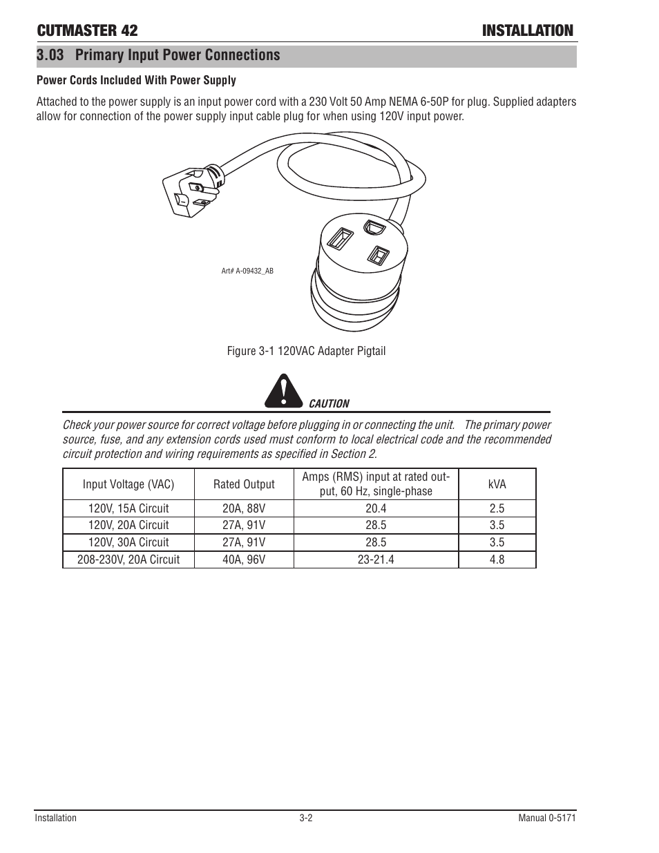 03 primary input power connections, Cutmaster 42 installation | Tweco 42 CutMaster Service Manual User Manual | Page 22 / 78