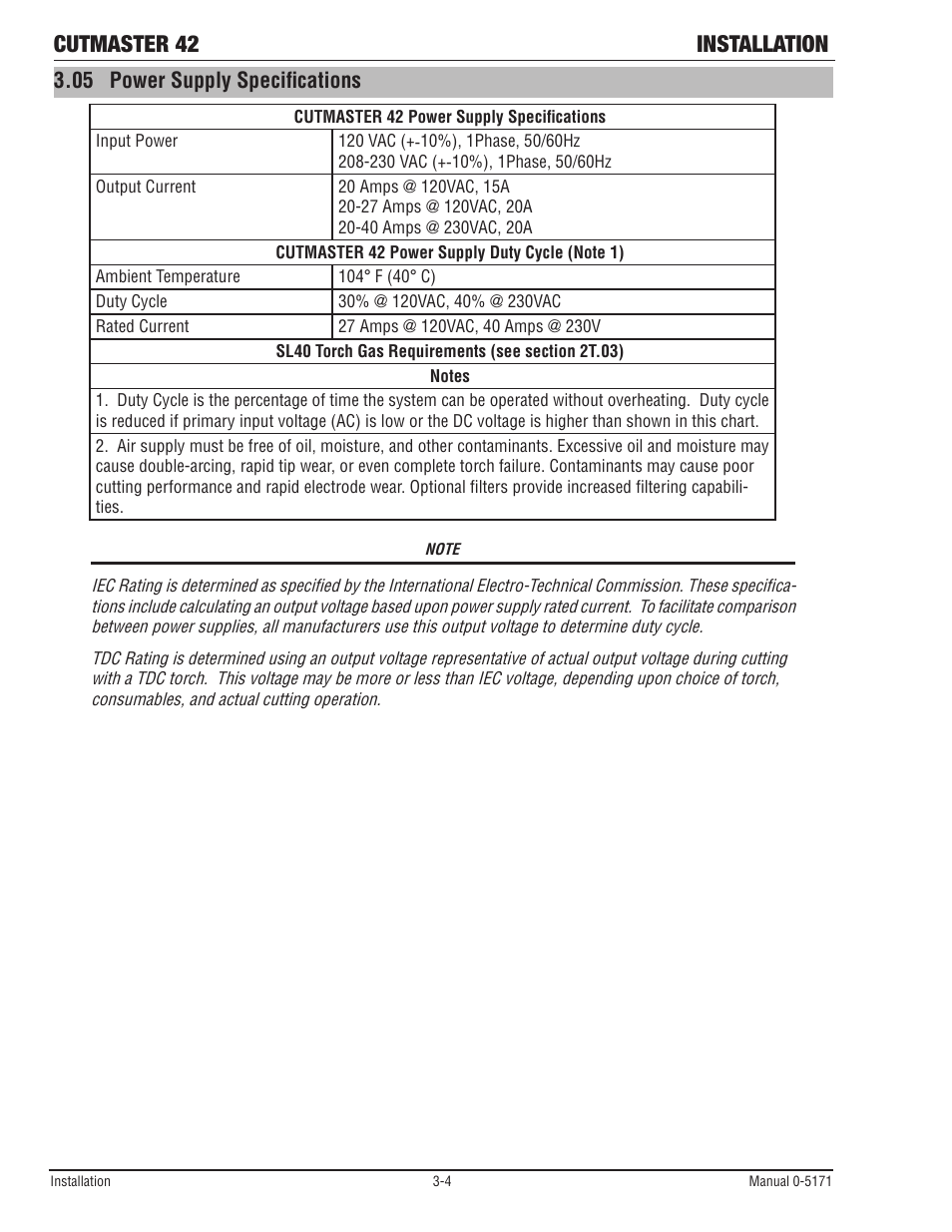 05 power supply specifications, Cutmaster 42 installation | Tweco 42 CutMaster Service Manual User Manual | Page 24 / 78