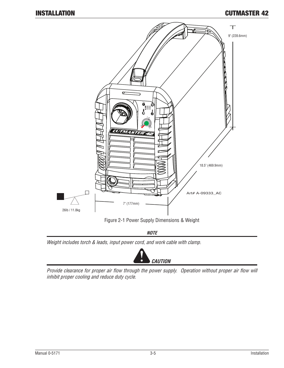 Installation cutmaster 42, Figure 2-1 power supply dimensions & weight | Tweco 42 CutMaster Service Manual User Manual | Page 25 / 78