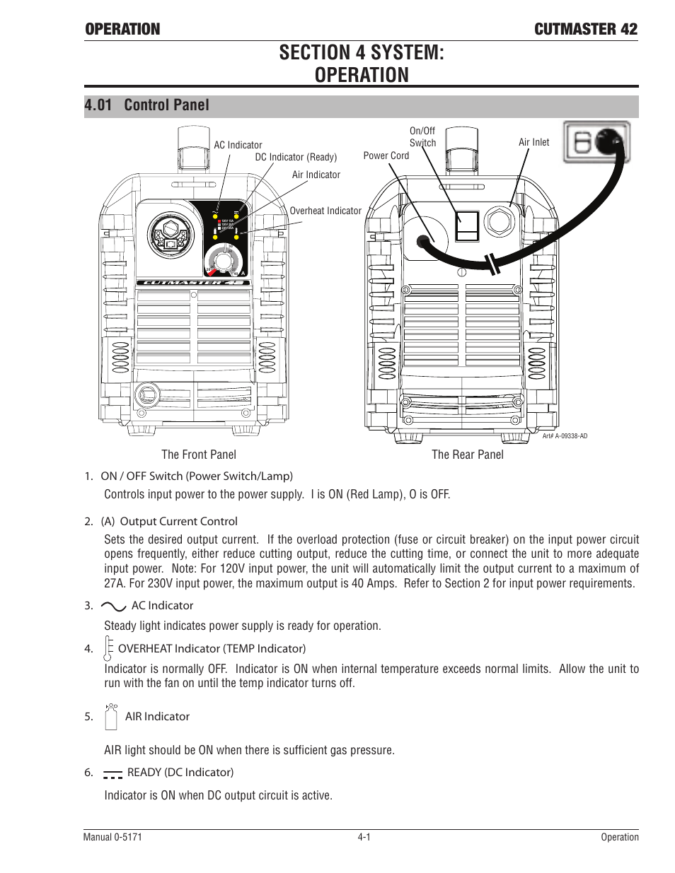 Section 4 system: operation, 01 control panel, Operation cutmaster 42 | The front panel the rear panel | Tweco 42 CutMaster Service Manual User Manual | Page 27 / 78