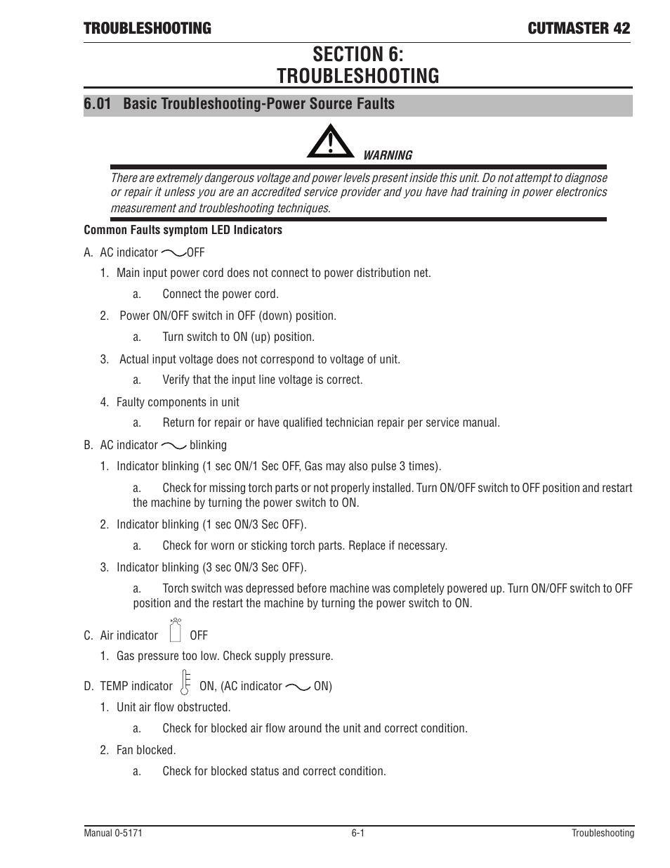 Section 6: troubleshooting, 01 basic troubleshooting-power source faults, Troubleshooting cutmaster 42 | Tweco 42 CutMaster Service Manual User Manual | Page 37 / 78