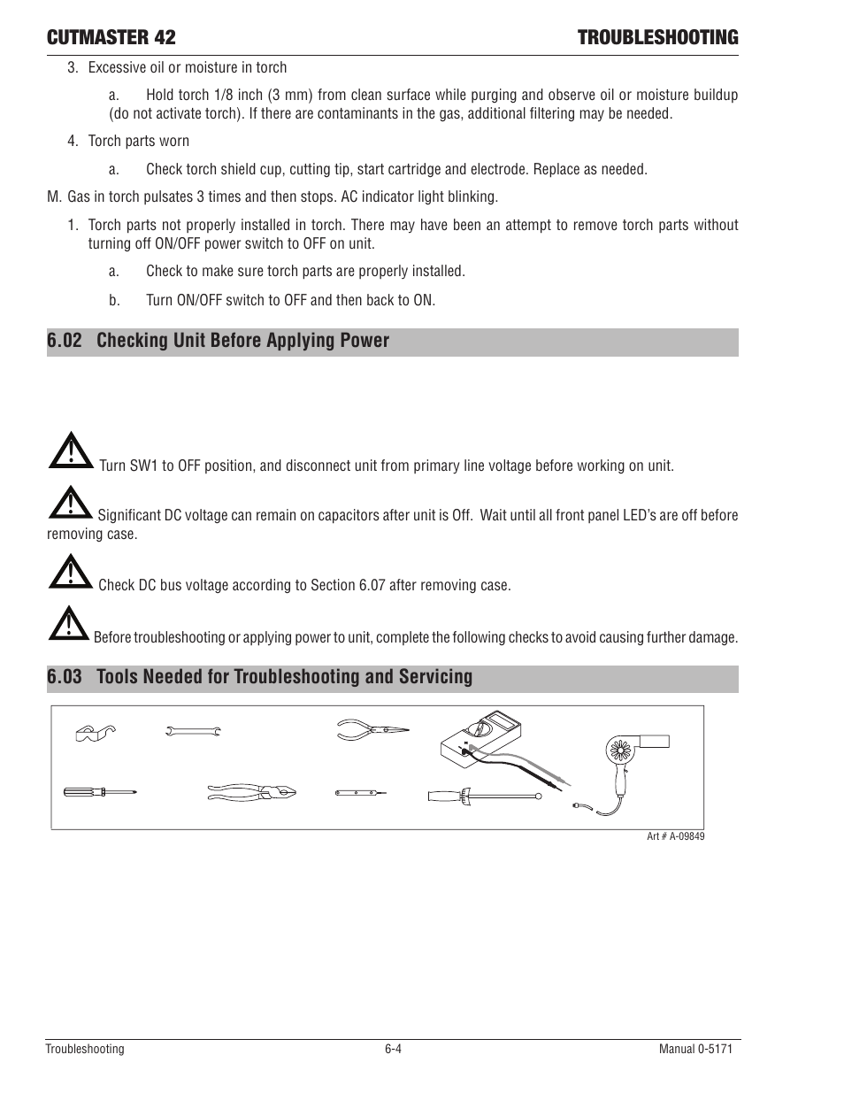 02 checking unit before applying power, 03 tools needed for troubleshooting and servicing | Tweco 42 CutMaster Service Manual User Manual | Page 40 / 78