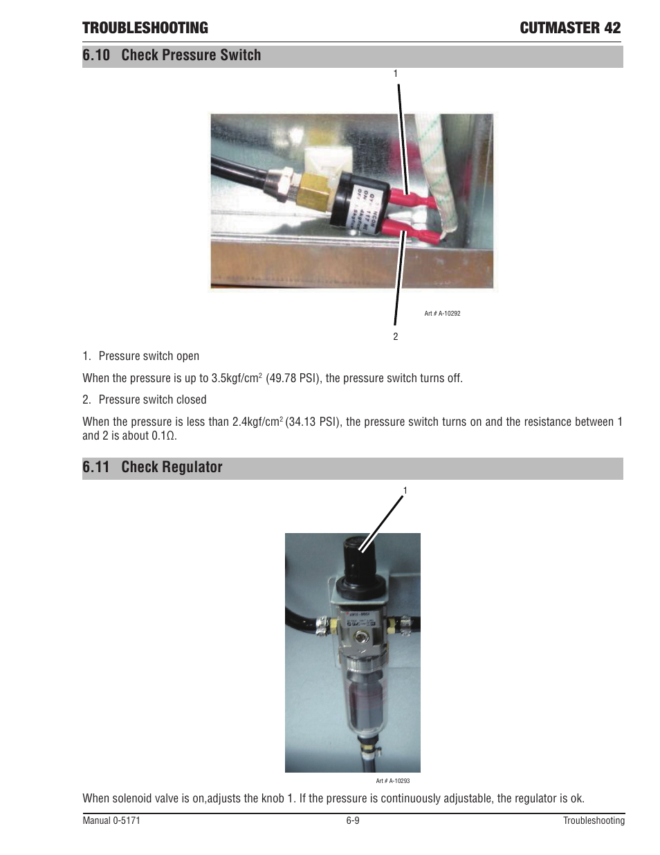 10 check pressure switch, 11 check regulator, Troubleshooting cutmaster 42 | Tweco 42 CutMaster Service Manual User Manual | Page 45 / 78