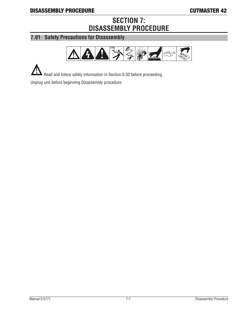 Section 7: disassembly procedure, 01 safety precautions for disassembly | Tweco 42 CutMaster Service Manual User Manual | Page 57 / 78