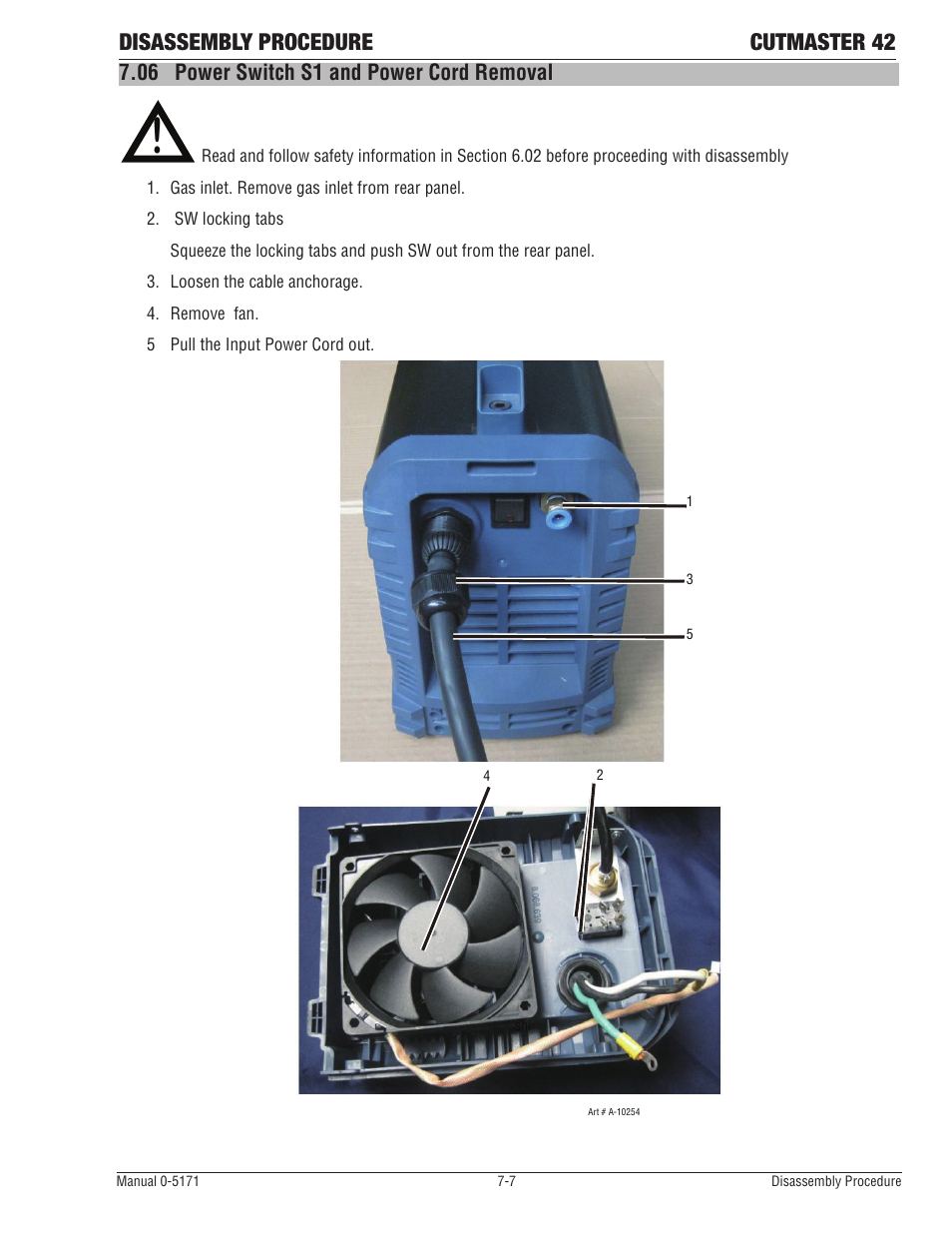 06 power switch s1 and power cord removal, Disassembly procedure cutmaster 42 | Tweco 42 CutMaster Service Manual User Manual | Page 63 / 78