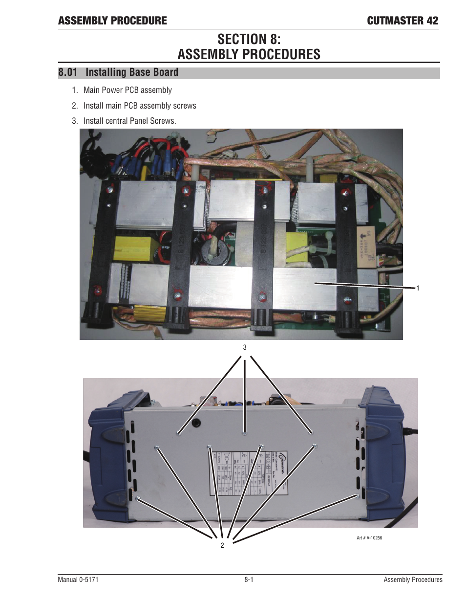 Section 8: assembly procedures, 01 installing base board, Assembly procedure cutmaster 42 | Tweco 42 CutMaster Service Manual User Manual | Page 65 / 78