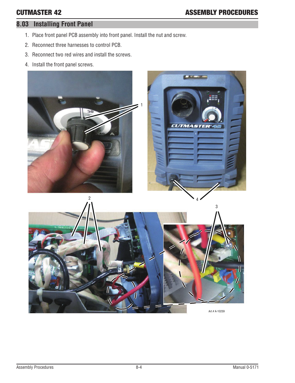 03 installing front panel, Cutmaster 42 assembly procedures | Tweco 42 CutMaster Service Manual User Manual | Page 68 / 78