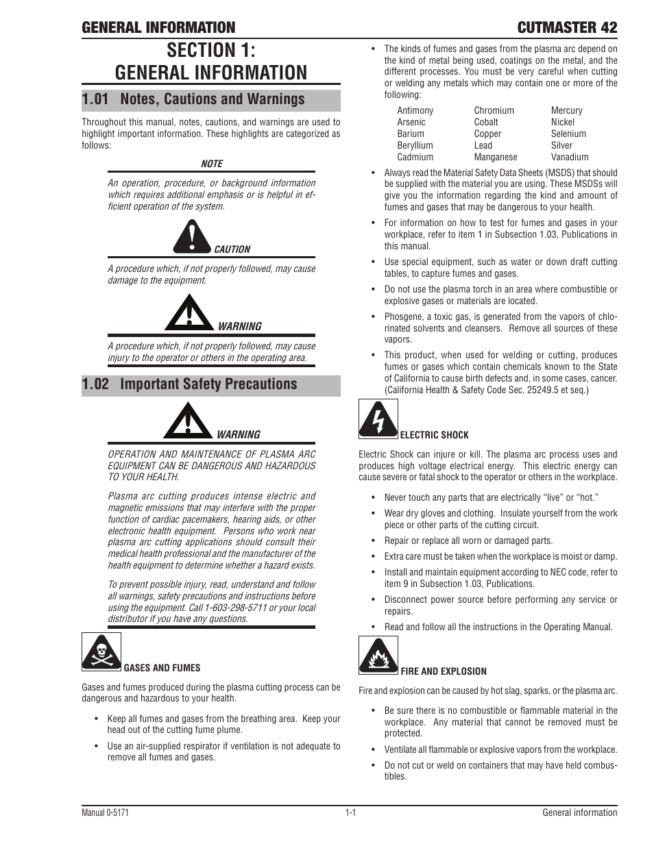 Section 1: general information, 01 notes, cautions and warnings, 02 important safety precautions | General information, Cutmaster 42 | Tweco 42 CutMaster Service Manual User Manual | Page 7 / 78