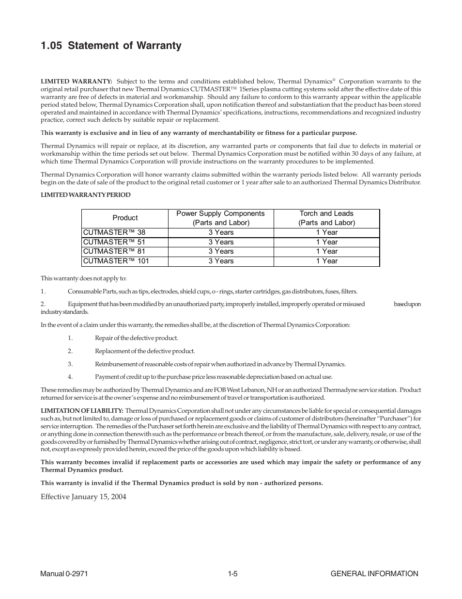 05 statement of warranty, 05 statement of warranty -5 | Tweco 51 CutMaster User Manual | Page 11 / 60