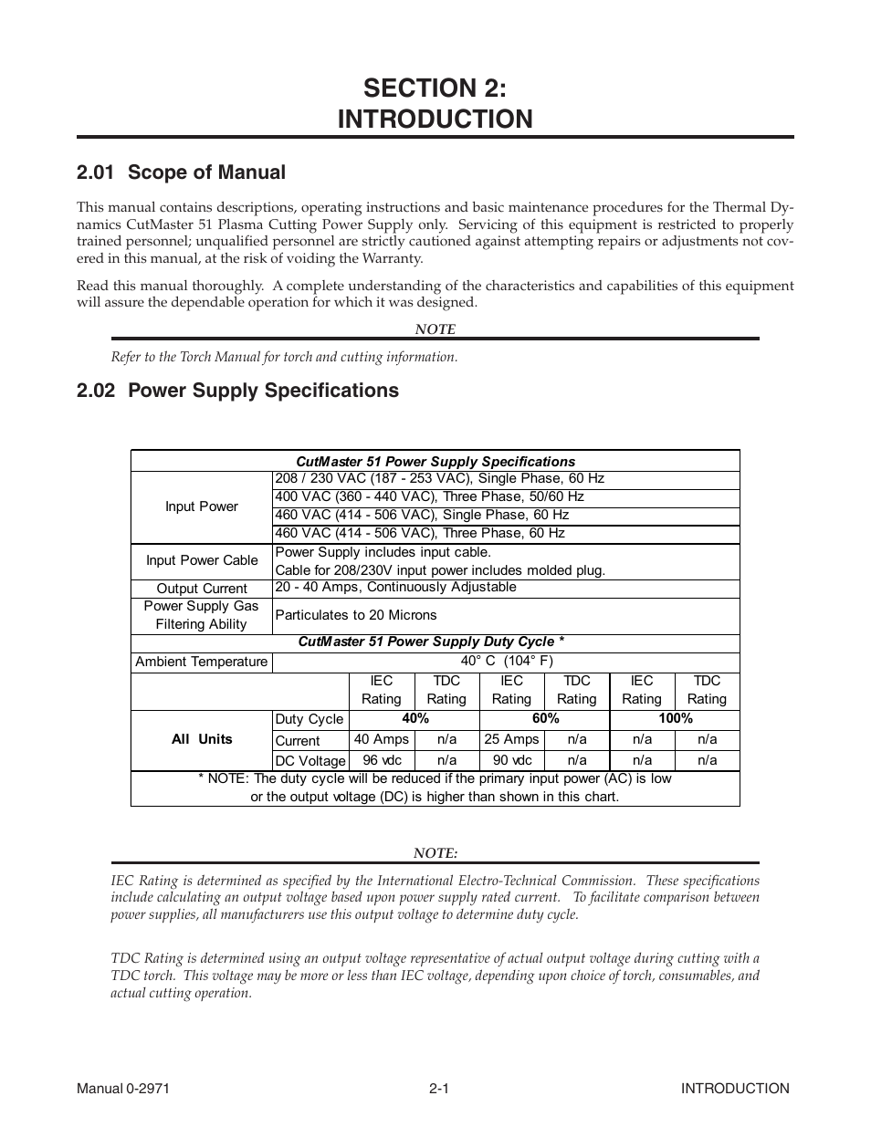 Section 2: introduction, 01 scope of manual, 02 power supply specifications | Section 2, Introduction -1 | Tweco 51 CutMaster User Manual | Page 13 / 60