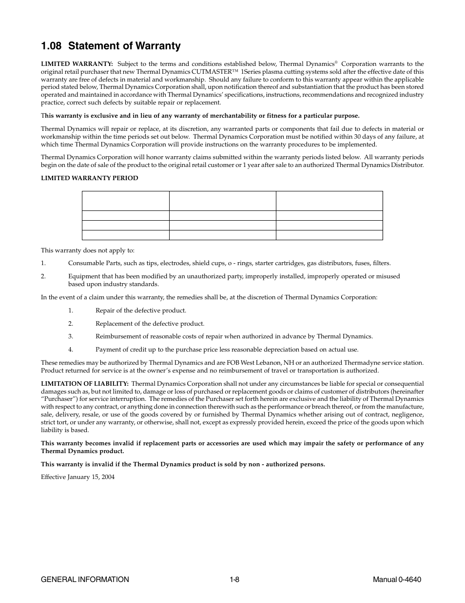 08 statement of warranty, 08 statement of warranty -8 | Tweco 51 with SL100SV CutMaster User Manual | Page 16 / 172
