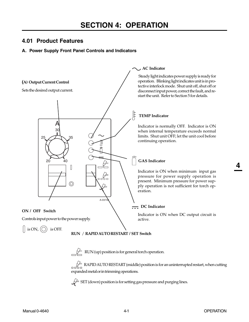 Section 4: operation, 01 product features, Section 4: operation -1 | 01 product features -1 | Tweco 51 with SL100SV CutMaster User Manual | Page 43 / 172