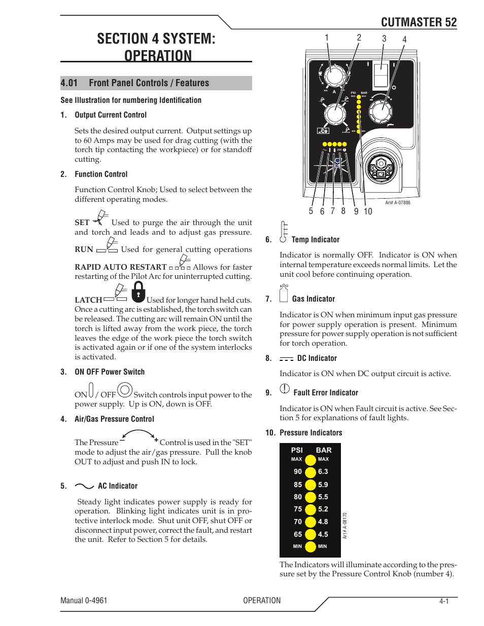 Cutmaster 52, 01 front panel controls / features | Tweco 52 CutMaster User Manual | Page 29 / 80