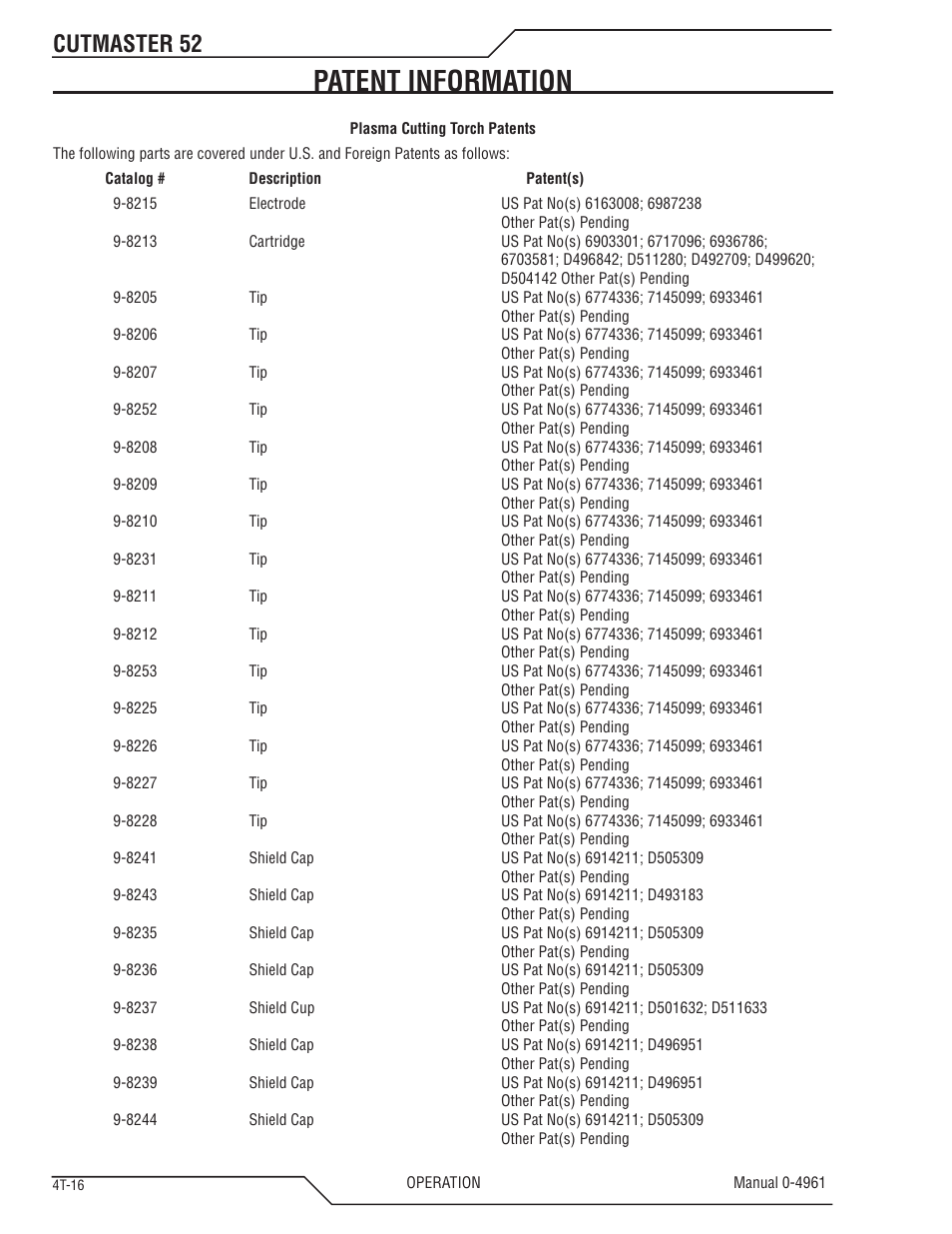 Patent information, Cutmaster 52 | Tweco 52 CutMaster User Manual | Page 48 / 80