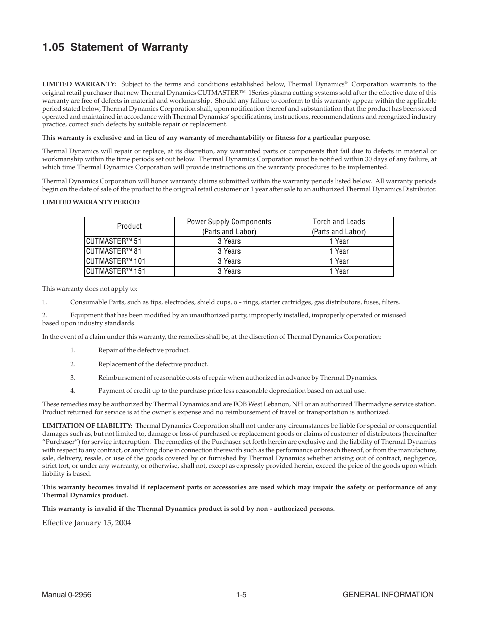 05 statement of warranty, 05 statement of warranty -5 | Tweco 81 CutMaster User Manual | Page 11 / 63