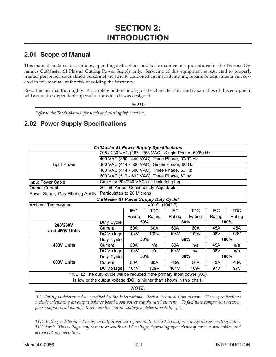 Section 2: introduction, 01 scope of manual, 02 power supply specifications | Section 2, Introduction -1 | Tweco 81 CutMaster User Manual | Page 13 / 63