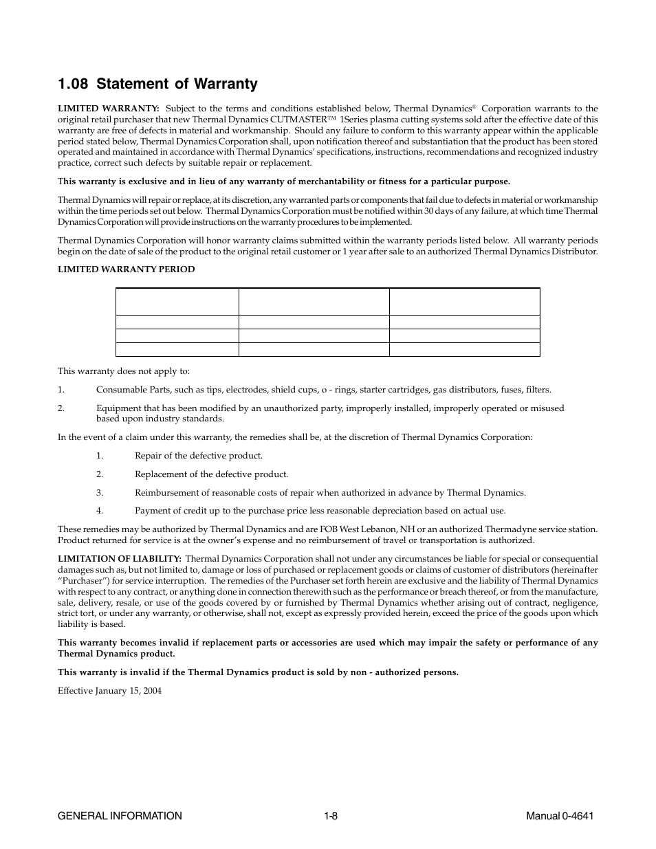 08 statement of warranty, 08 statement of warranty -8 | Tweco 81 with SL100SV User Manual | Page 16 / 174