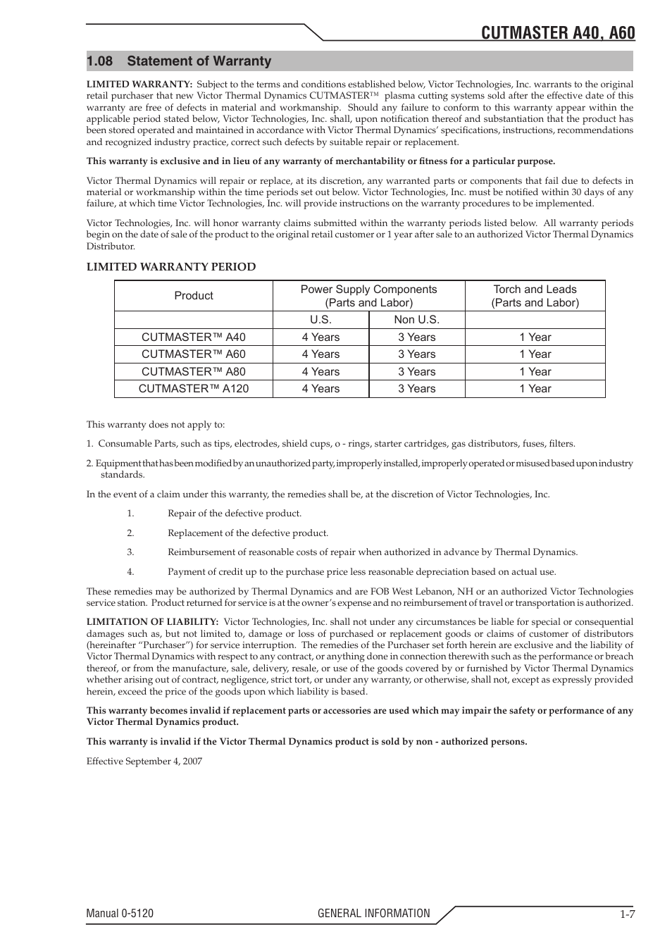 Cutmaster a40, a60, 08 statement of warranty | Tweco A40-A60 CutMaster User Manual | Page 13 / 96