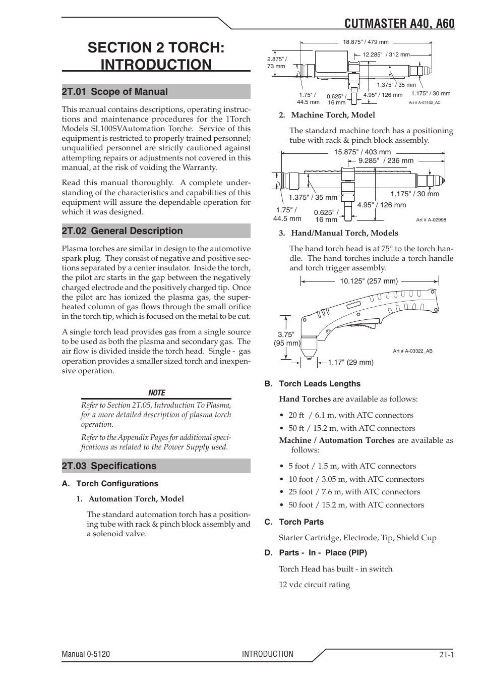 Cutmaster a40, a60, 2t.01 scope of manual, 2t.02 general description | 2t.03 specifications | Tweco A40-A60 CutMaster User Manual | Page 21 / 96