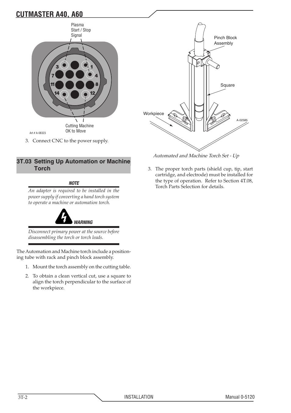 Cutmaster a40, a60, 3t.03 setting up automation or machine torch | Tweco A40-A60 CutMaster User Manual | Page 30 / 96