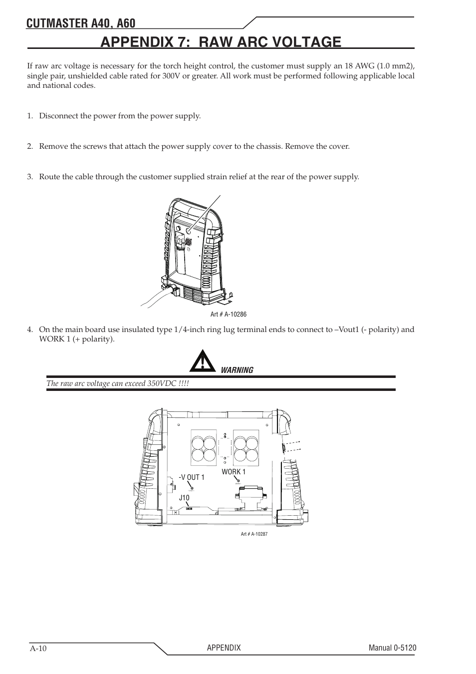 Appendix 7: raw arc voltage, Cutmaster a40, a60, Cut out for cable | Tweco A40-A60 CutMaster User Manual | Page 92 / 96