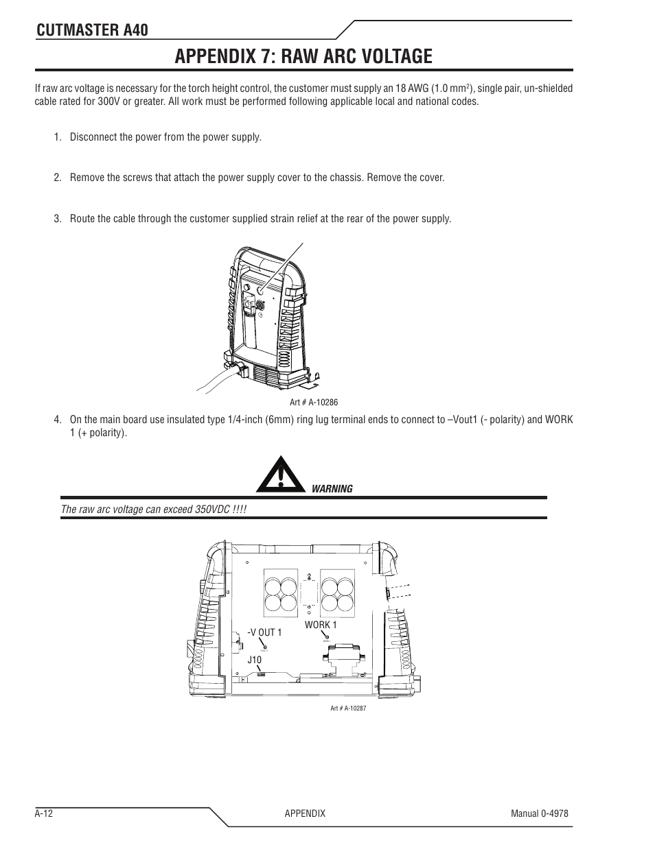 Appendix 7: raw arc voltage, Cutmaster a40, Cut out for cable | Tweco A40 CutMaster User Manual | Page 108 / 112