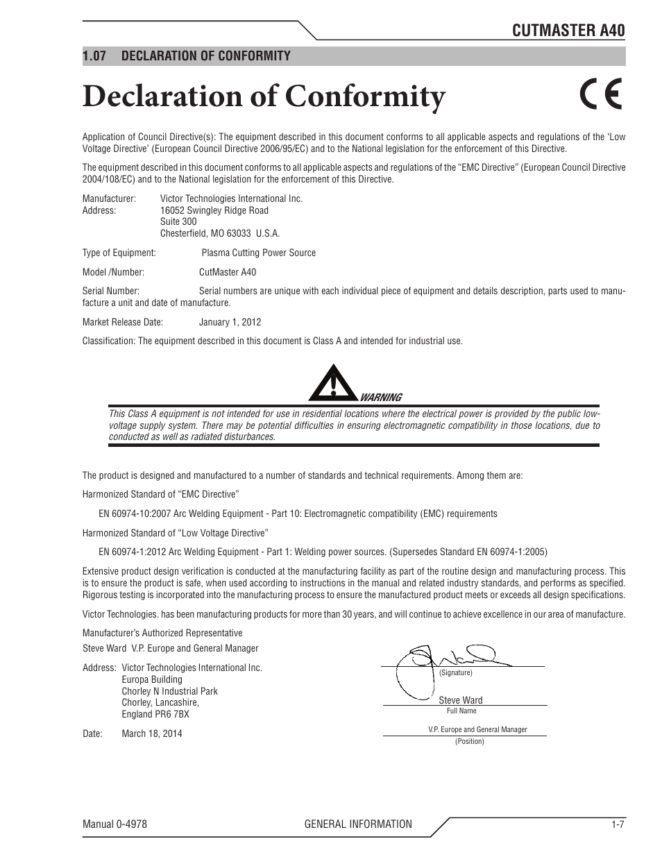 Declaration of conformity, Cutmaster a40, 07 declaration of conformity | Tweco A40 CutMaster User Manual | Page 13 / 112