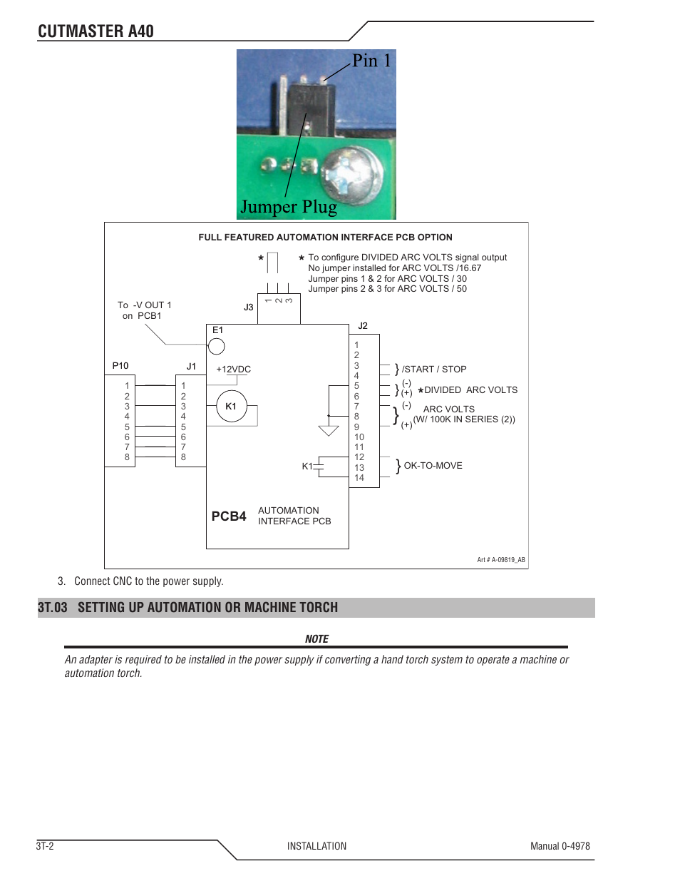 Cutmaster a40, Pcb4, 3t.03 setting up automation or machine torch | Tweco A40 CutMaster User Manual | Page 32 / 112