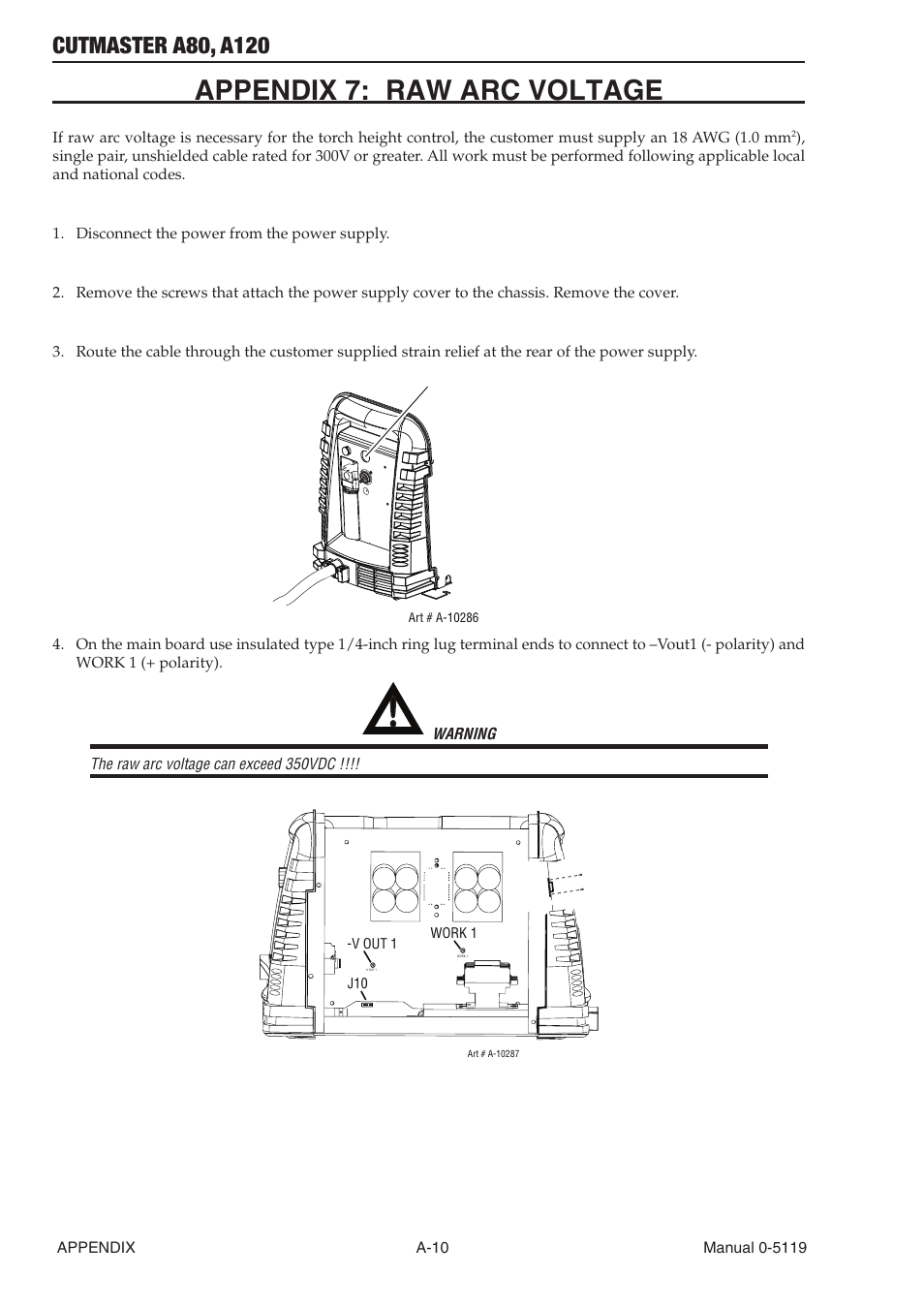 Appendix 7: raw arc voltage, Cut out for cable | Tweco A80-A120 CutMaster User Manual | Page 100 / 104