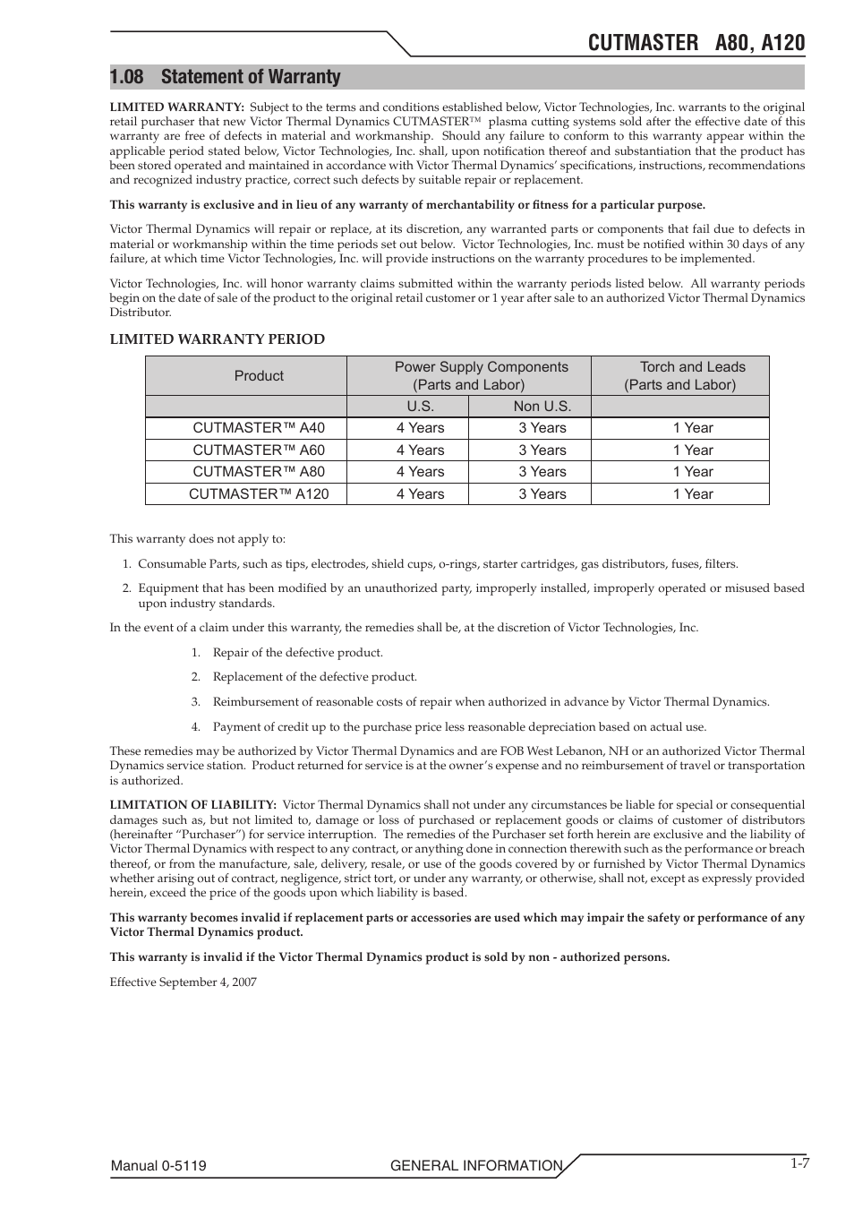 08 statement of warranty, Statement of warranty -7 | Tweco A80-A120 CutMaster User Manual | Page 13 / 104